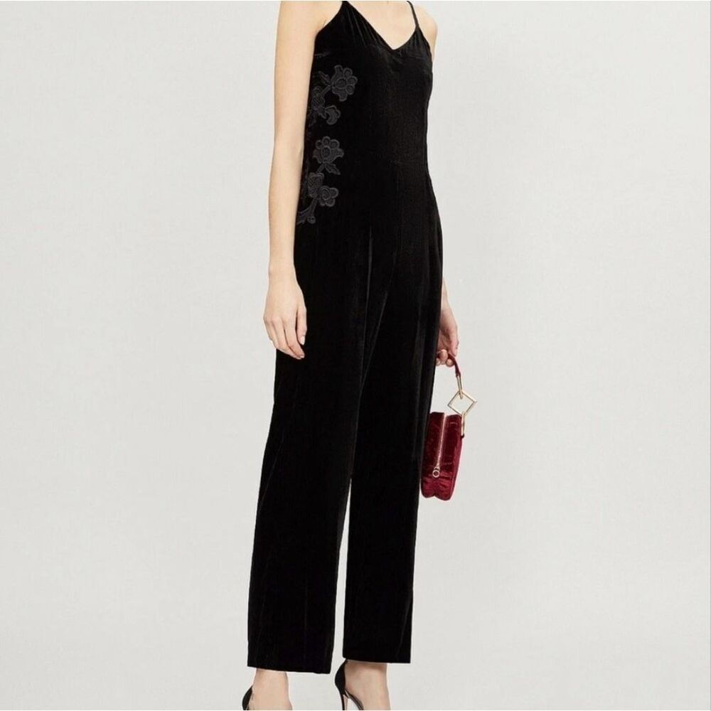 Sandro Paris Emilia Black Velvet Jumpsuit Lace Embroidered Straight Leg Sleevele
